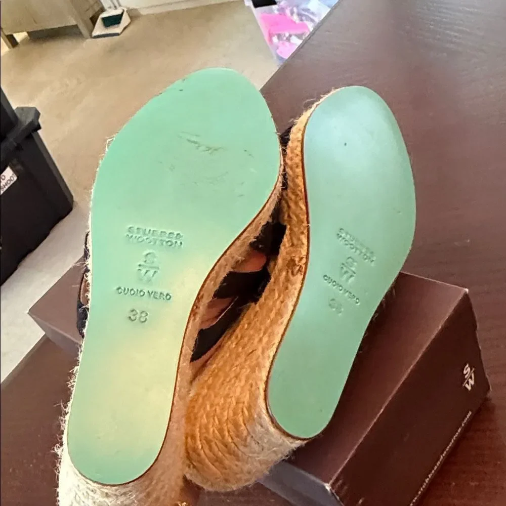 Stubbs & Wootton Black and Tan Espadrille Slides 38